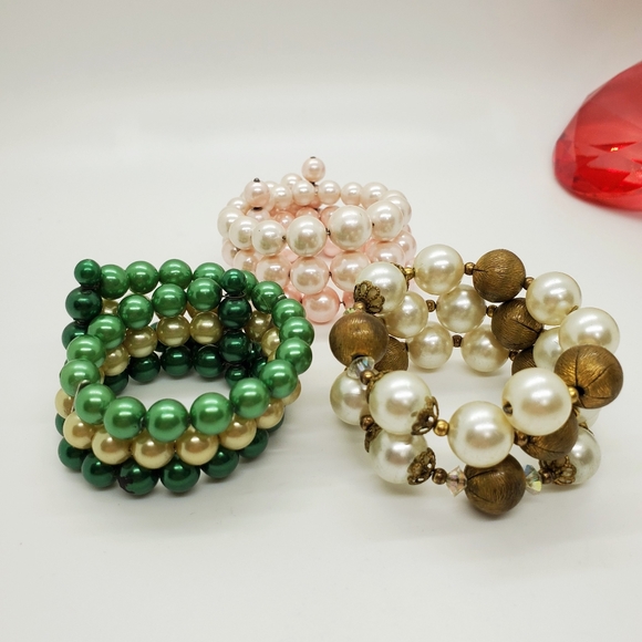 Lot of 3 Vintage faux pearl memory wire bracelets white gold cream wristie retro - Picture 4 of 7